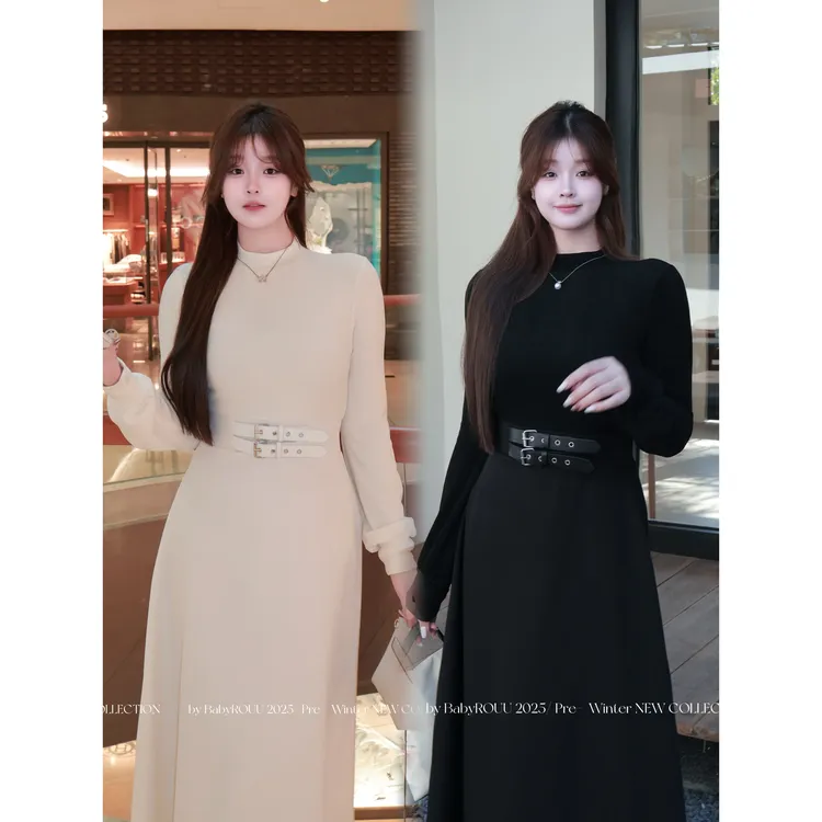 【长期主义】温与柔冬季半高领高弹力设计感腰带显瘦遮肉连衣裙