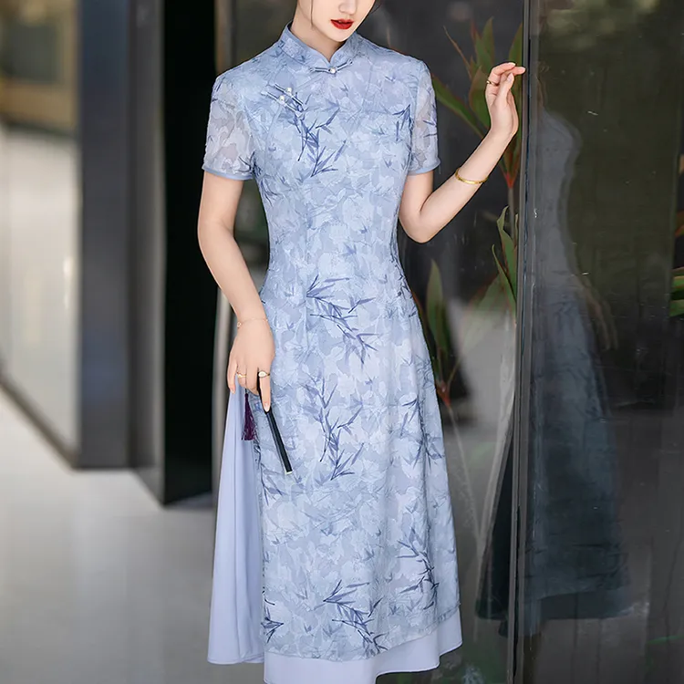 高端绝美新中式旗袍民国蓝色2025新款日常可穿晚礼服老上海连衣裙