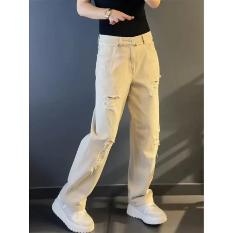 破洞毛边牛仔裤男款春夏季ins修身直筒裤潮牌潮流中腰休闲裤代发