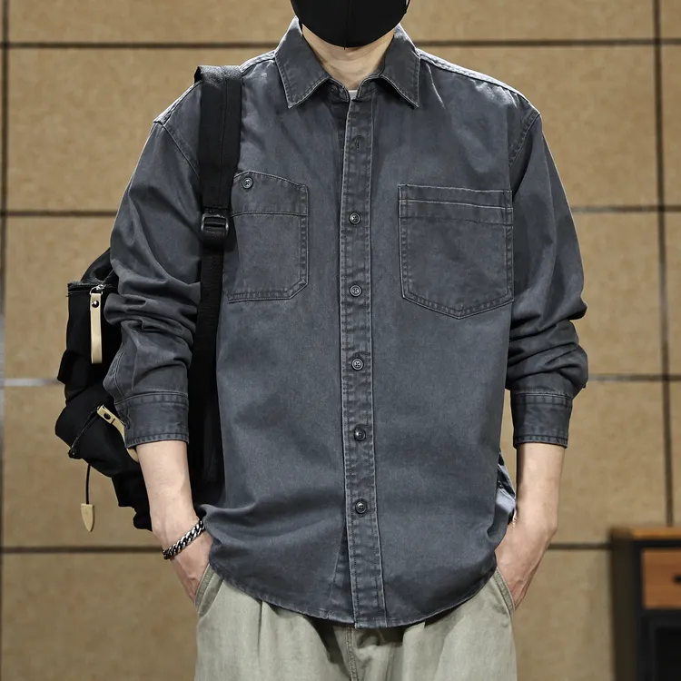 美式复古细斜纹工装衬衫男秋季新款纯棉翻领潮牌户外休闲外套衬衣