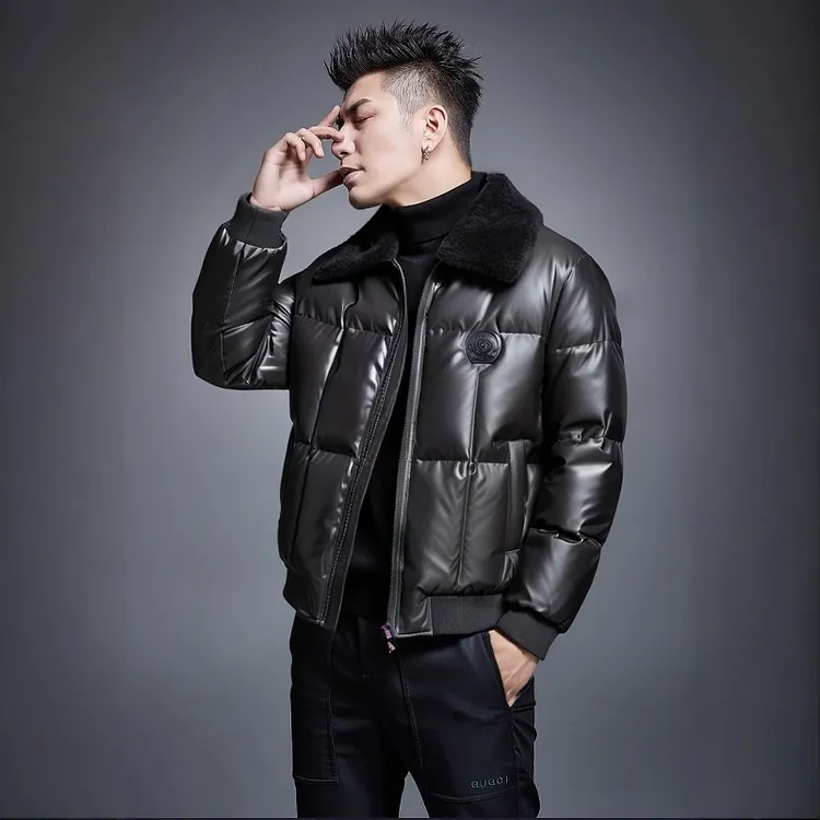 奇珀菲仑新款男士时尚加厚外套简约高级感修身翻领毛领羽绒服百搭