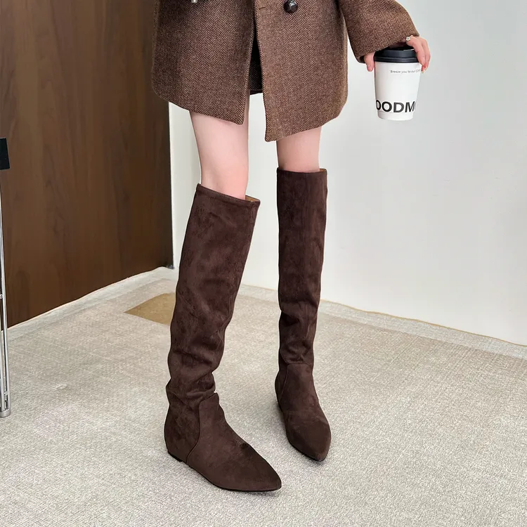 2.5cm长筒平底尖头时装靴高筒靴瘦瘦靴骑士过膝长靴女鞋堆堆靴