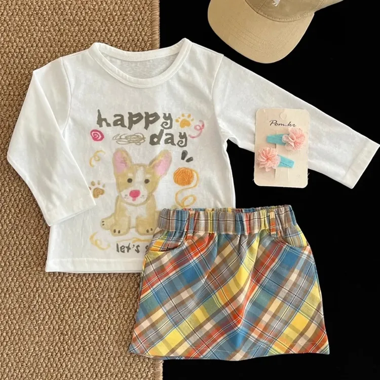 女童套装2025卡通夏季新款防晒长袖洋气多巴胺格子半身裙两件套韩