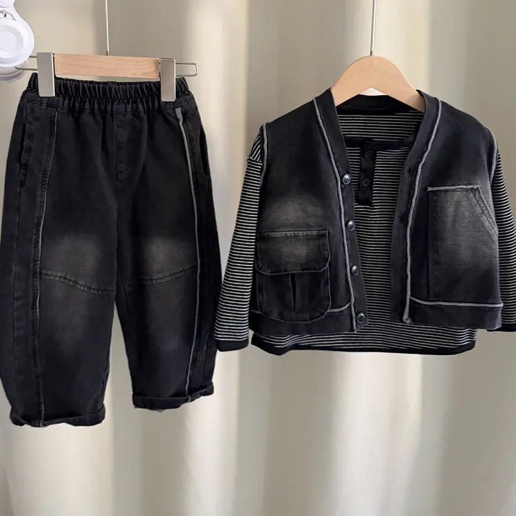 男童秋款套装2025新款儿童洋气时髦牛仔马甲三件套宝宝秋季衣服