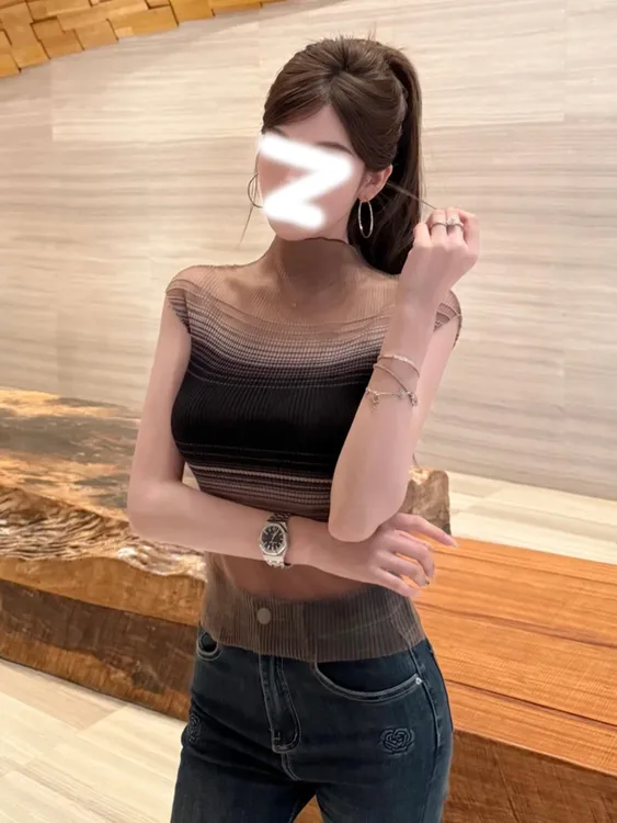 纯欲风高领透视网纱撞色针织上衣夏季收腰高弹力显瘦包臀连衣裙