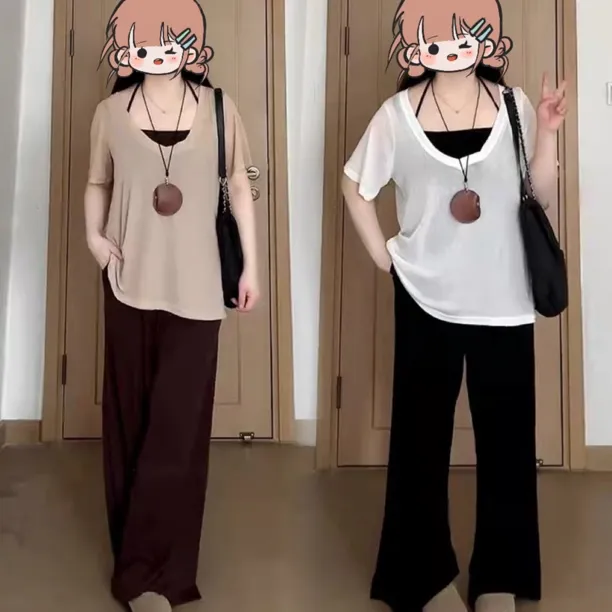 松弛感短袖T恤衫宽松休闲裤三件套胖mm2025夏季新款显瘦大码女装