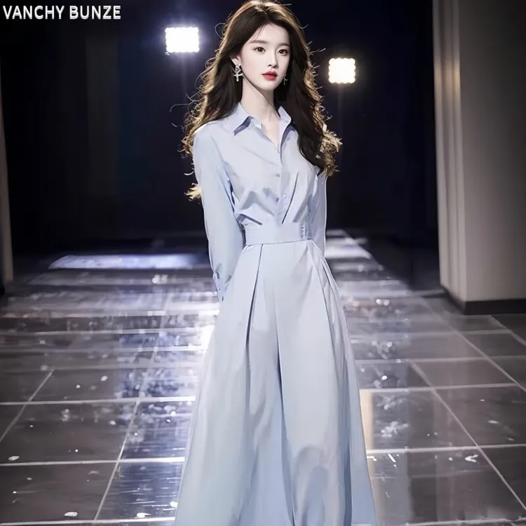 BUNZE春装正式场合气质高端精致小众不撞款蓝色衬衫洋气连衣裙女
