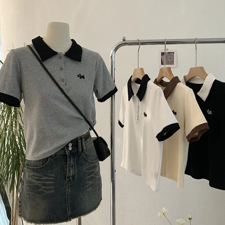 撞色POLO领短袖T恤女夏季休闲小狗刺绣百搭短款上衣潮2560