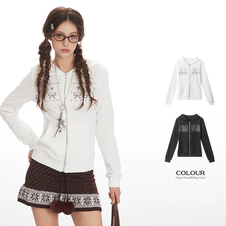 美式正肩修身连帽开衫卫衣休闲女秋季印花拉链内搭打底外套