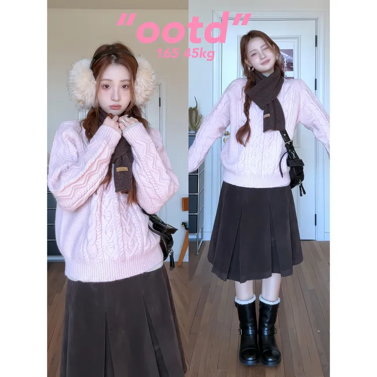 秋季温柔穿搭女2025新款减龄套头针织上衣百搭打底衫半身裙三件套