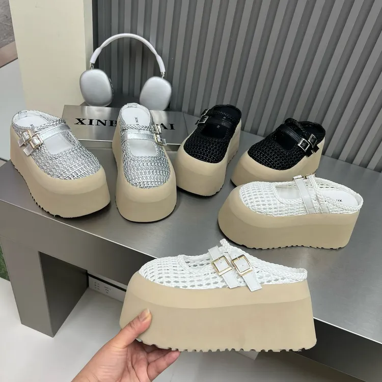 汐也鞋屿【软皮编织】8cm夏季女款外穿休闲百搭厚底增高包头透气