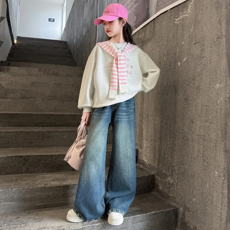 女童超好看套装2025秋季新款时尚披肩卫衣牛仔裤学院风百搭两件套