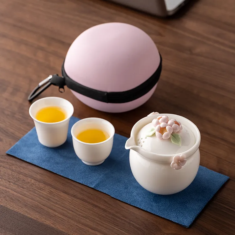 快客杯粉色文创旅行露营户外便携收纳包功夫茶具女手工捏花泡茶壶