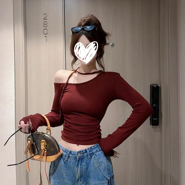 2025早秋新款韩版纯欲风斜肩系带打底衫设计感修身显瘦长袖T恤女