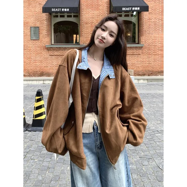 美式覆古拼接鹿皮绒短款外套女2025秋季新款高级感棒球服夹克上衣