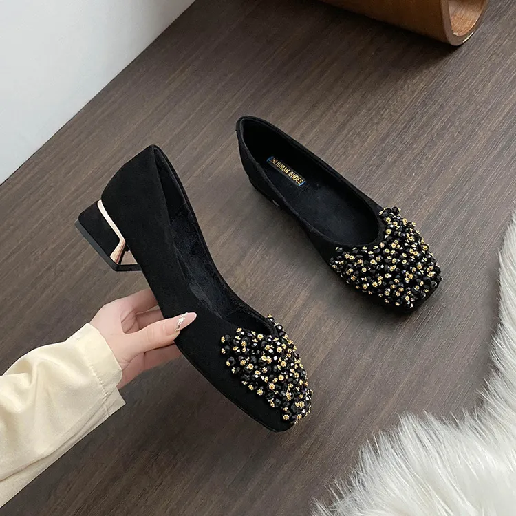 2025春夏秋复古浅口方头鞋粗跟中跟手工串珠女鞋百搭绒面加绒飘鞋