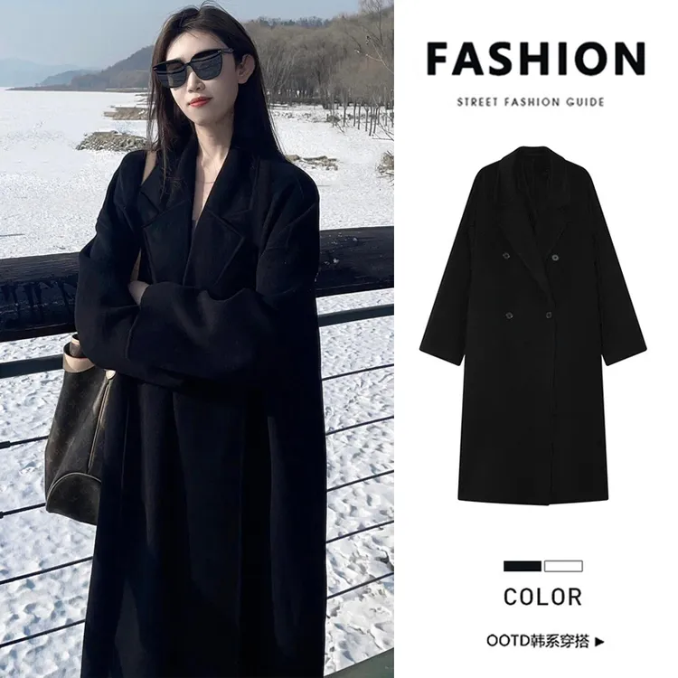 NFV黑色双面绒毛呢外套秋冬季韩版过膝大衣中长款西装领百搭外套