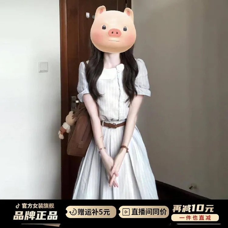 法式蓝色条纹娃娃领连衣裙子女夏季2026年新款小个子收腰气质长裙