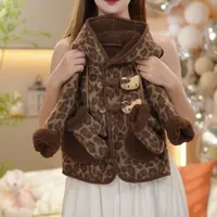 女童外套冬季2025新款洋气韩版连帽耳朵加绒加厚豹纹中长款外套