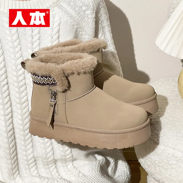 人本侧拉链雪地靴女加绒加厚中筒保暖棉鞋102250