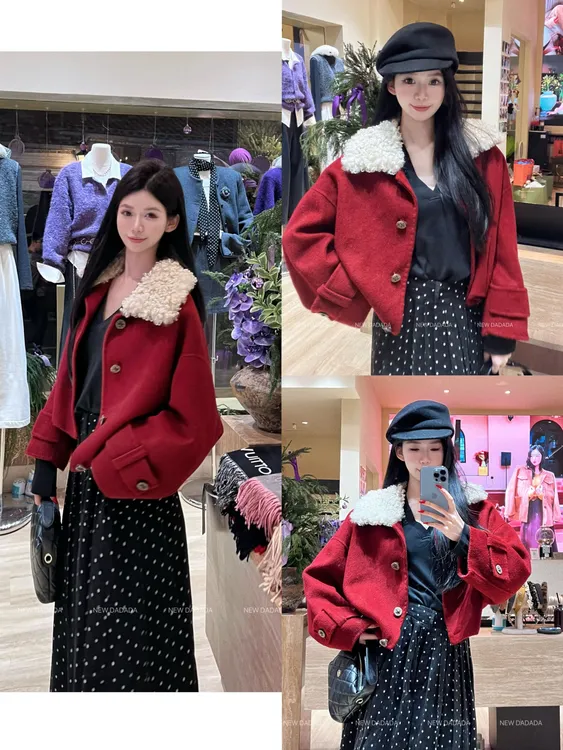 利达 NEW DADADA小香风秋冬宽松毛呢夹克时尚修身气质外套CHM3449