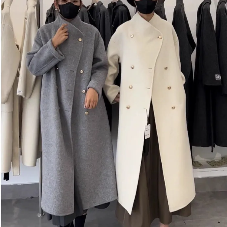加厚】2025年冬季新款灰色中长款龙凤呢绒大衣女直筒韩版毛呢外套