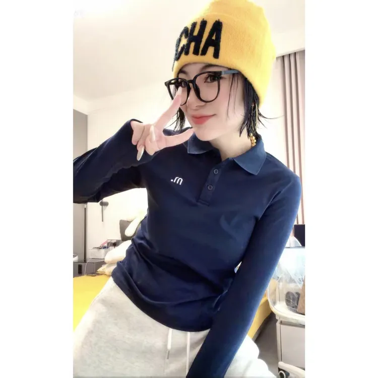 2025春秋新款长袖正肩纽扣翻领POLO衫女修身减龄休闲舒适内搭棉T
