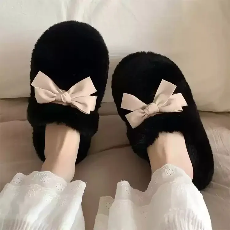 女士卧室居家休闲防滑秋冬季棉拖鞋女舒适保暖韩系蝴蝶结毛拖鞋子