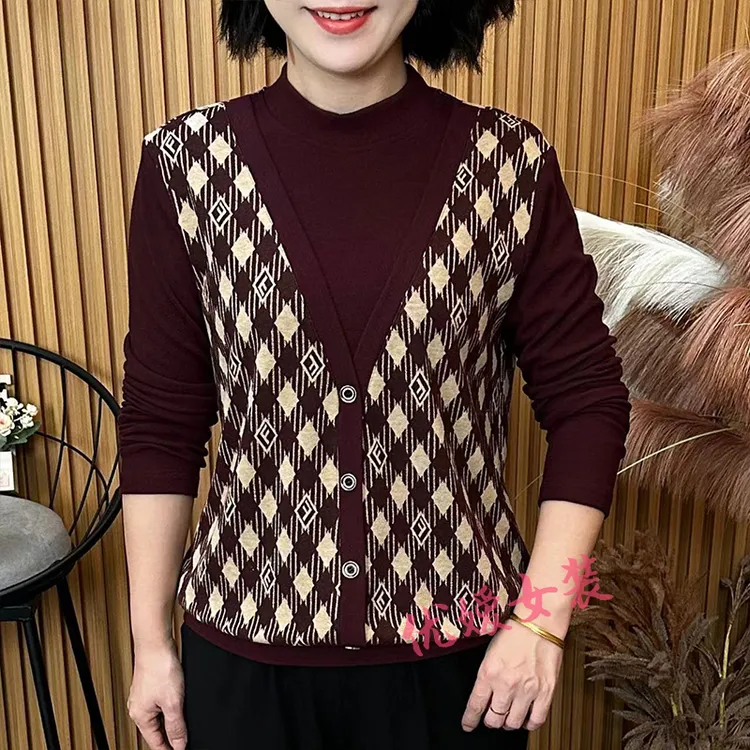 妈妈装秋季半高领菱形格假两件宽松显瘦洋气中老年女装长袖上衣
