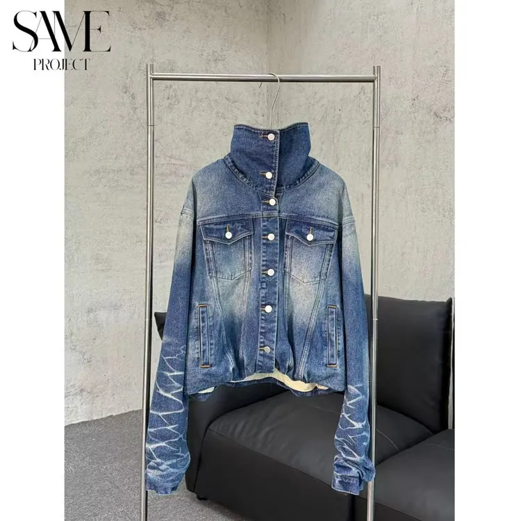 SPJ  25FW莫比乌斯「高领风衣牛仔外套重工做旧水洗双层短宽版型」