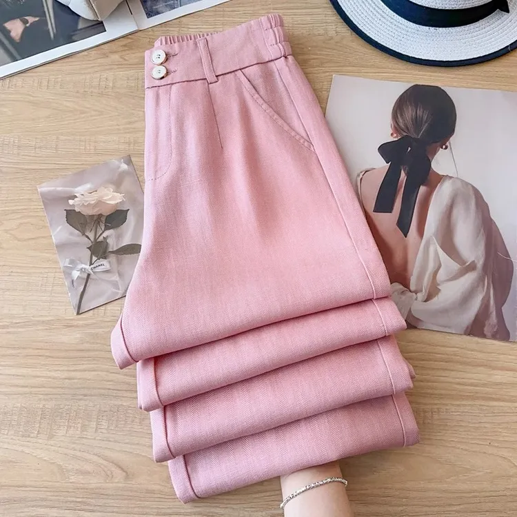 天丝亚麻九分裤子阔腿裤女2025年新款夏季休闲薄款显瘦窄版直筒裤