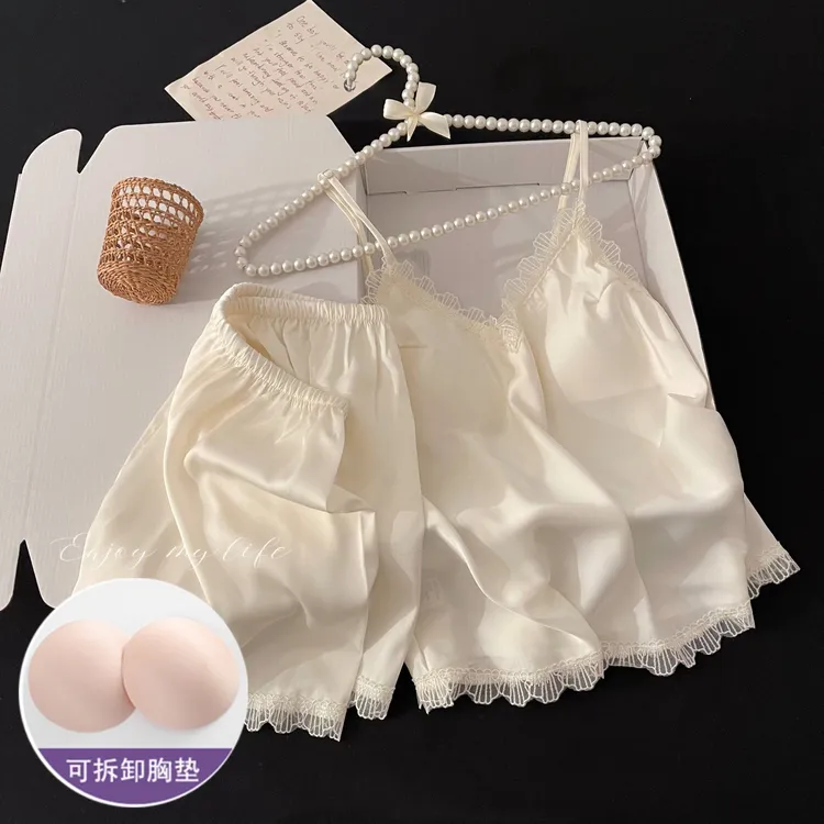 夏季吊带睡衣女士带胸垫冰丝凉感可外穿奶白色性感夏天家居服套装