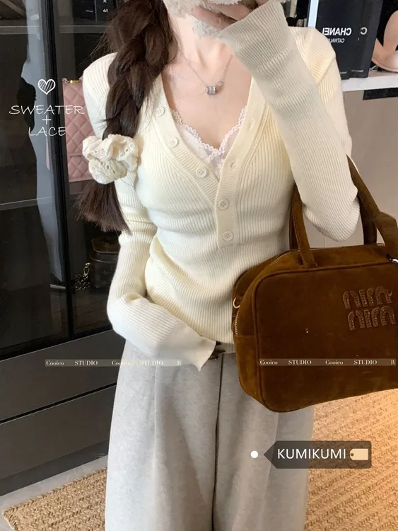 温柔风套装纯欲蕾丝吊带背心上衣女早秋休闲气质长袖针织衫两件套