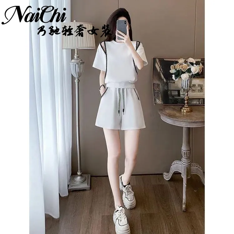 大码女装胖mm夏装新款遮肉短裤两件套胖妹妹遮肚显瘦套装减龄潮流