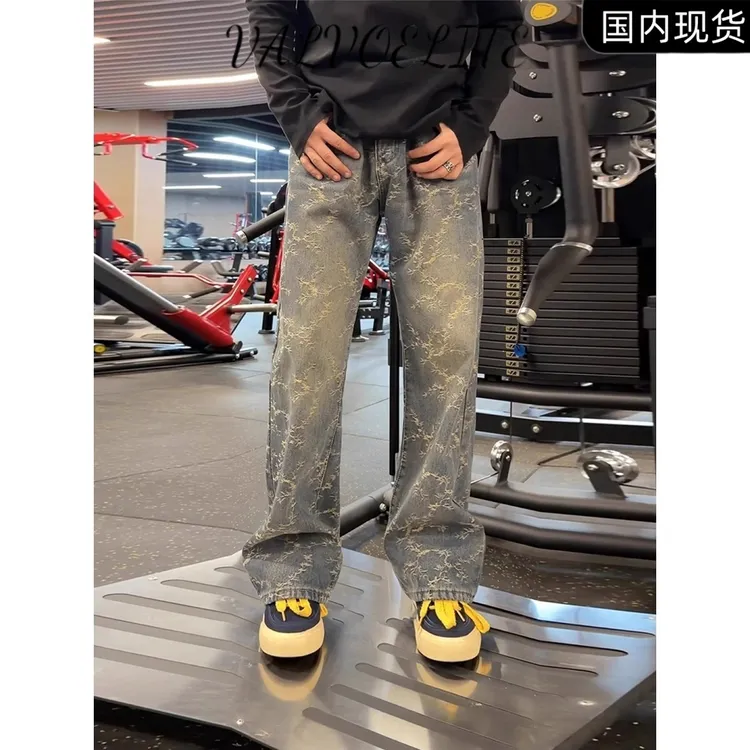 荆棘提花加绒牛仔裤男款冬季提档显瘦vibe裤子美式复古直筒微喇裤