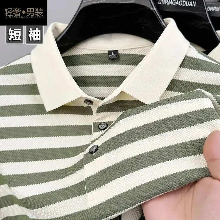 夏季男士新款潮流休闲条纹短袖T恤POLO衫时尚宽松翻领菠萝纹薄款