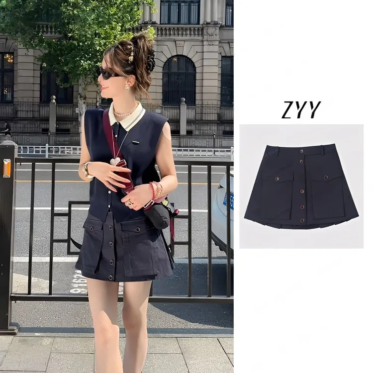 ZYY【蔚蓝风铃】2025/S新品立体口袋百褶气质半身裙女X25CQZ0006