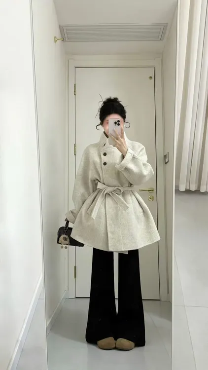 2025秋冬新款韩系大方得体穿搭立领毛呢外套搭配休闲裤气质两件套