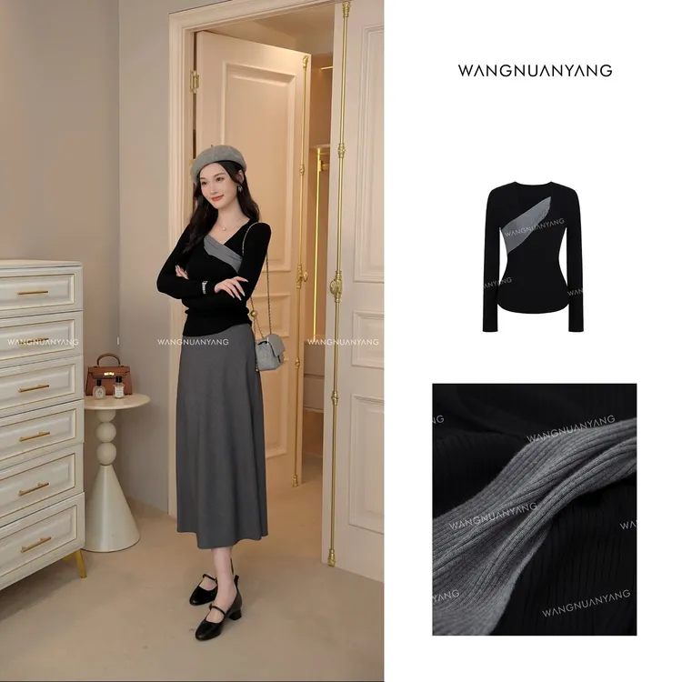 【王暖阳】绵绵衫|设计感交叉领撞色斜片气质显瘦小众针织衫