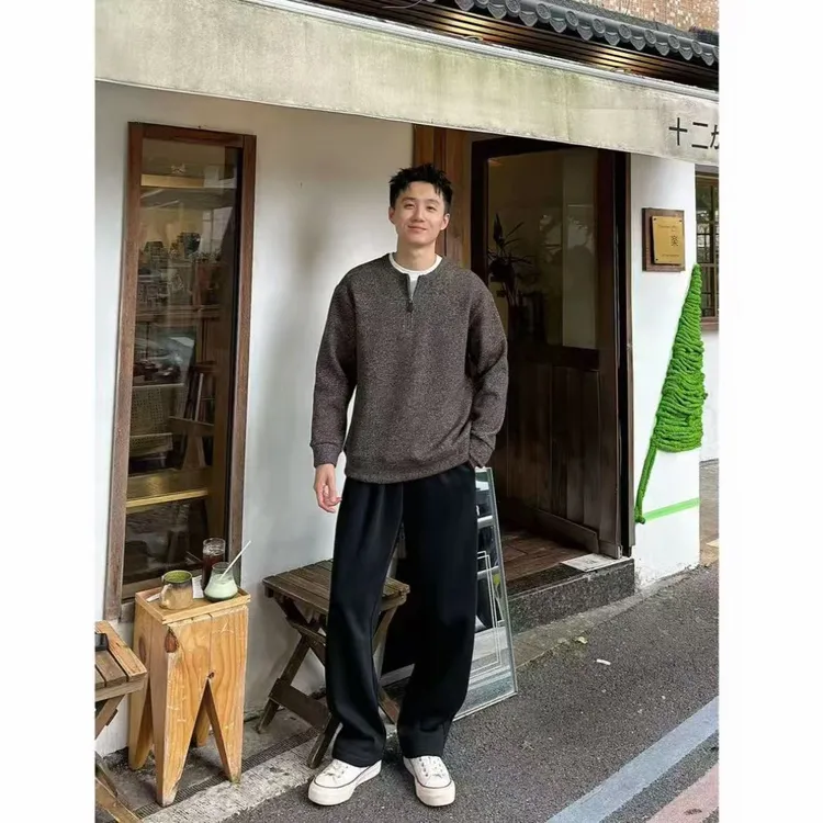 “老钱风”加绒简奢雪花半拉链假两件加厚混纺时尚百搭卫衣秋冬