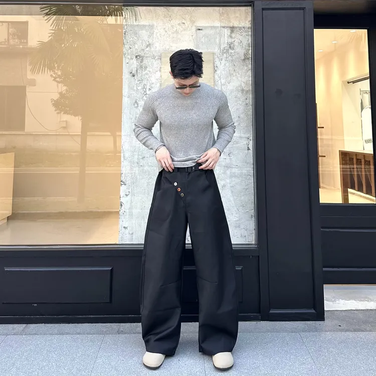 ONE LAST TIME秋冬新款美式复古纽扣简约宽松弯刀休闲长裤垂感