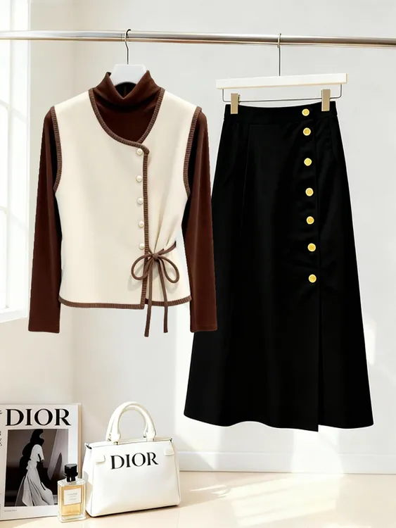 法式复古时尚气质三件套装女冬季新款洋气显瘦马甲打底衫半身裙子