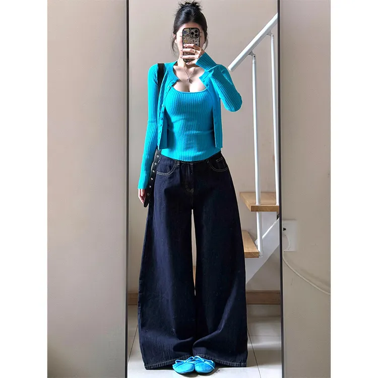 MARIE.COCO韩系穿搭无袖吊带背心短款开衫上衣高腰阔腿牛仔裤套装