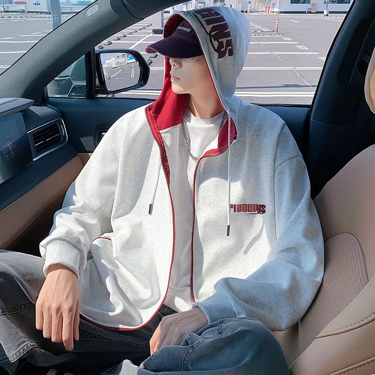 拼接连帽卫衣男春秋季新款美式休闲拉链开衫上衣大码宽松潮牌外套