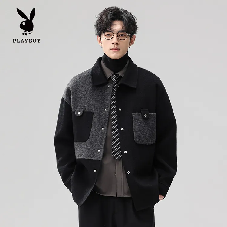 花花公子撞色高级感羊毛双面呢外套男秋冬季潮流休闲翻领呢子夹克