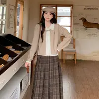 慕兔法式拼接假两件翻领长袖针织开衫女2025秋季新款百搭显瘦上衣