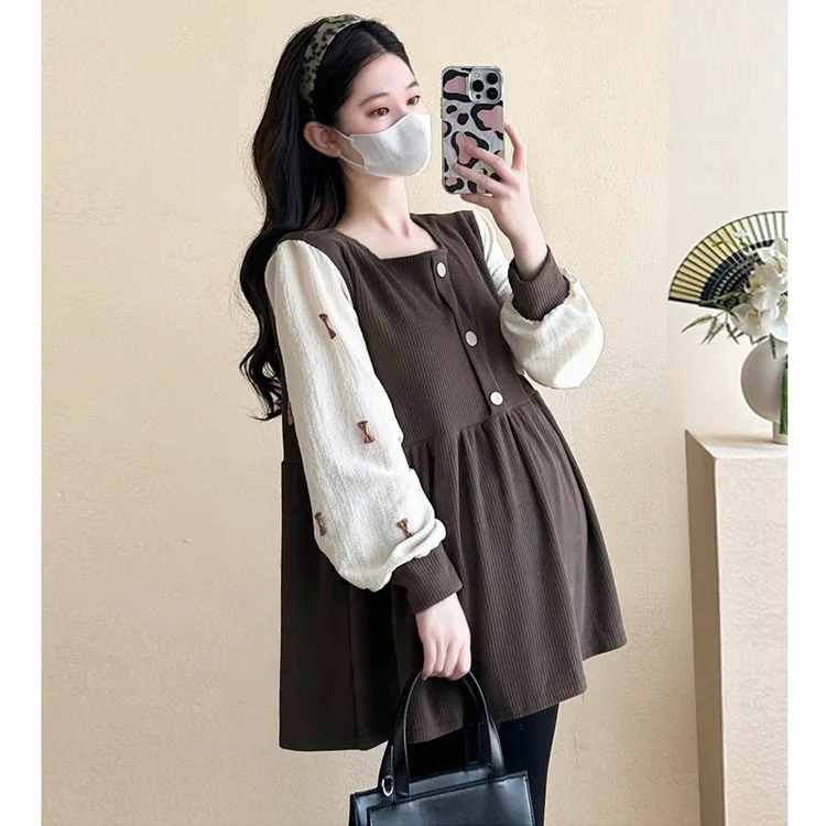 孕妇装秋装上衣2025新款春秋冬季长袖宽松大码显瘦娃娃衫遮肚套装