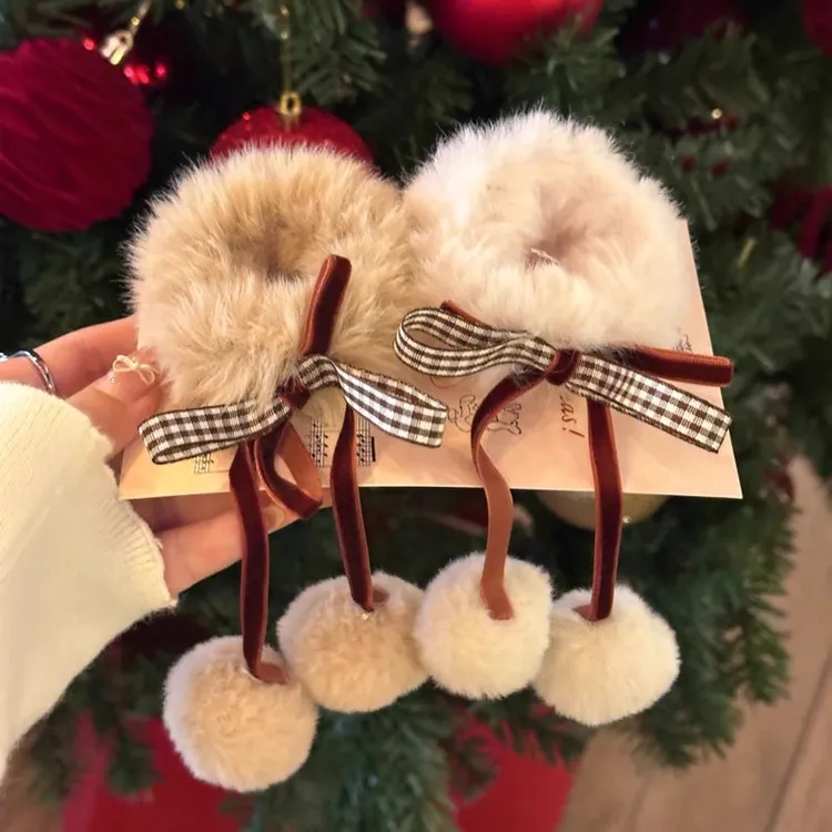 韩系甜美格纹蝴蝶结发圈秋冬毛绒扎头发绳可爱少女橡皮筋头绳发饰