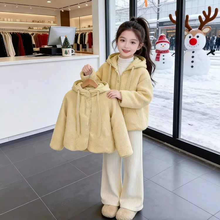 女童冬季新款加绒加厚保暖棉服毛毛衣女宝宝休闲保暖新款连帽外套