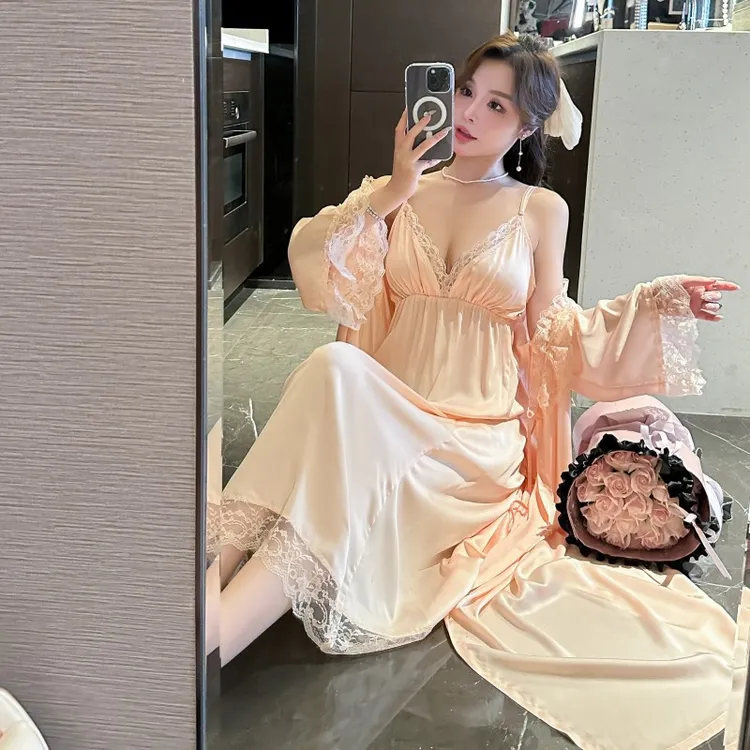 公主风甜美吊带长袖V领睡裙夏季夏天大码性感秋季法式女薄款睡衣
